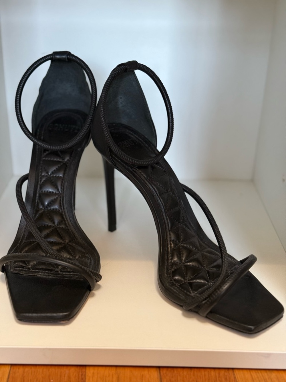 SCHUTZ Black Quilted Stiletto Sandals with Ankle Loop